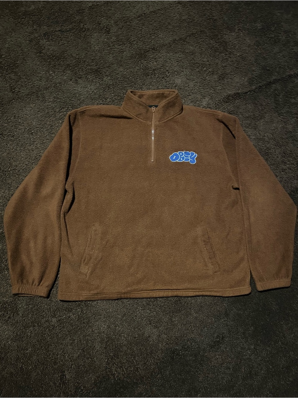Obey Brown Half-Zip Fleece Pullover with Blue Logo